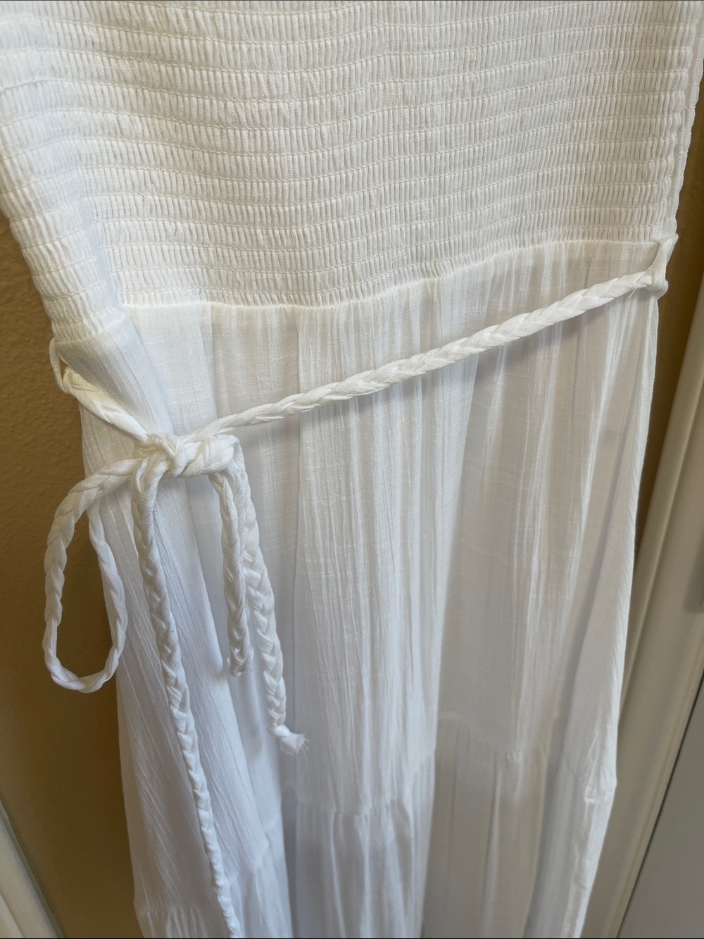 Strapless White Smocked Maxi Dress with Braided Waist Tie - Picture 2 of 4
